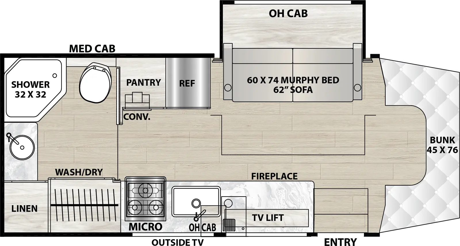 The Prism 24MBE has one entry and one slide out. Exterior features include: 14' Thule awning and outside entertainment. Interiors features include: murphy bed, rear bathroom, bathroom and a half and bunk over cab.